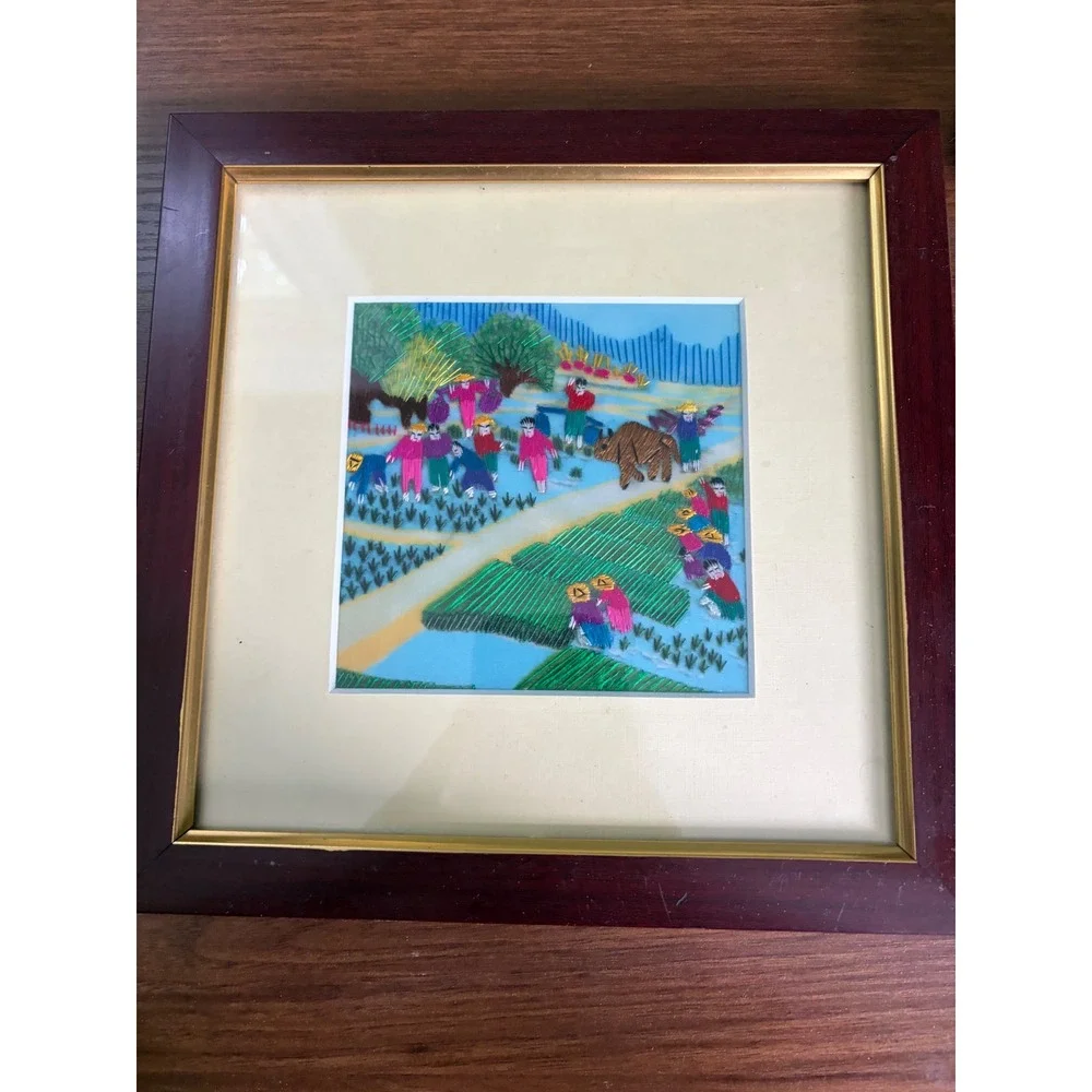 Vintage Asian Folk Art Silk Embroidery, Framed Rice Paddy‎ Farm Scene